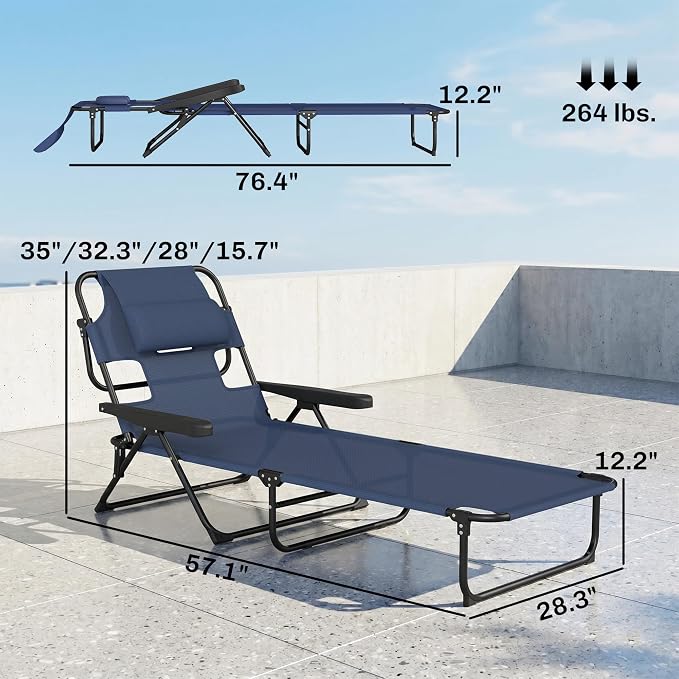 Outsunny Tanning Chaise Lounge Chair, 4-Position Beach Chair with Face & Arm Holes, Pillow headrest, Adjustable Sunbathing Chair, Navy Blue