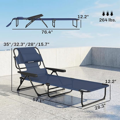 Outsunny Tanning Chaise Lounge Chair, 4-Position Beach Chair with Face & Arm Holes, Pillow headrest, Adjustable Sunbathing Chair, Navy Blue