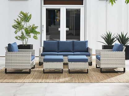HUMMUH 5 Piece Patio Furniture All Weather Wicker Outdoor Sectional Sofa,High Back Patio Chairs,Coffee Table and Ottomans Set for Porch,Garden,Backyard