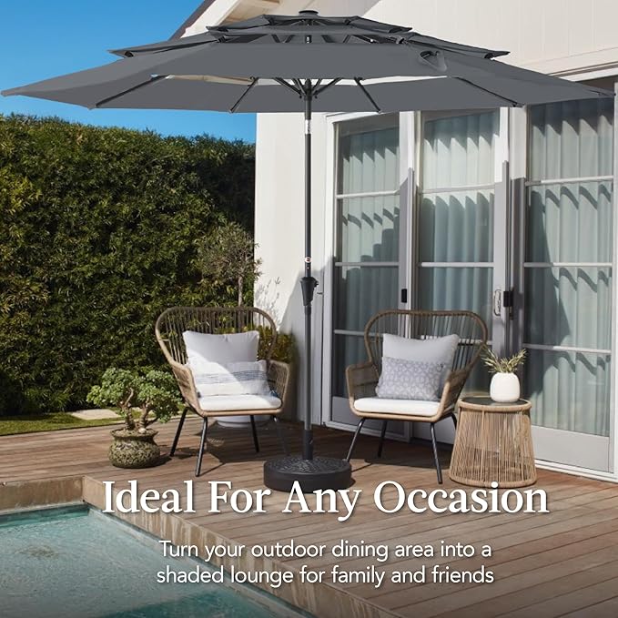 Best Choice Products 10ft 3-Tier Market Patio Umbrella, Outdoor Sun Shade with Tilt, Crank Lift, 8 Ribs for Backyard, Deck, Poolside – Slate