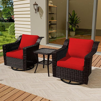 VistaVibe 3 Pieces Outdoor Patio Conversation Furniture Set - 360 Degree Swivel Glider Rocker Chairs | Wicker End Table, Washable Cushions, Hand-Woven PE Rattan, Lawn, Sunroom (Brown/Red)