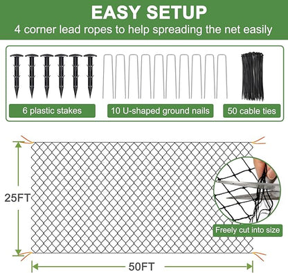 DQS Bird Netting - 25'x50' Heavy Duty with 1' Square Mesh, Poultry Netting for Chicken Coop Roof, Garden Protection, Nylon Mesh for Fruit Trees, Bushes