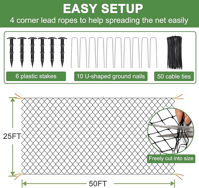 DQS Bird Net - 25' x 50' Garden Netting with 2.4" Square Mesh Protect Fruit Tree, Plant and Vegetables from Poultry, Deer and Pests, Heavy Duty Bird Netting for Garden, Farm, Orchard