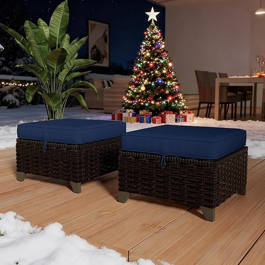 VistaVibe 2 Pieces Patio Wicker Ottomans, Luxurious Footstools, Outdoor Small Footrest, Wicker Furniture with Removable Cushions,All-Weather PE Rattan, Garden, Backyard, Porch(Brown/Navy)