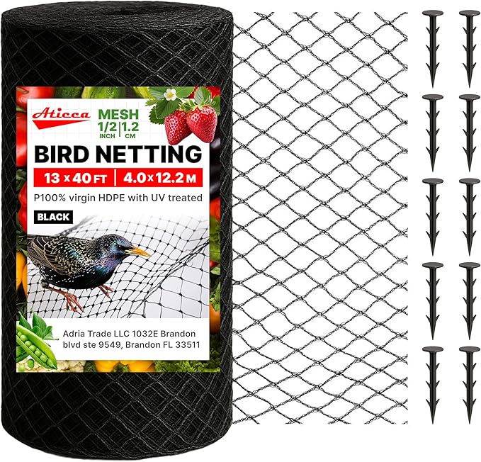 ATICCA Heavy Duty Bird Netting for Garden Protection & Fruit Trees, 13x40 Ft with 10 Stakes – Black Anti-Bird Net for Poultry, Deer, & Squirrel Protection, Durable Nylon Mesh for Garden and Yard Use