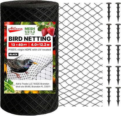 ATICCA Heavy Duty Bird Netting for Garden Protection & Fruit Trees, 13x40 Ft with 10 Stakes – Black Anti-Bird Net for Poultry, Deer, & Squirrel Protection, Durable Nylon Mesh for Garden and Yard Use