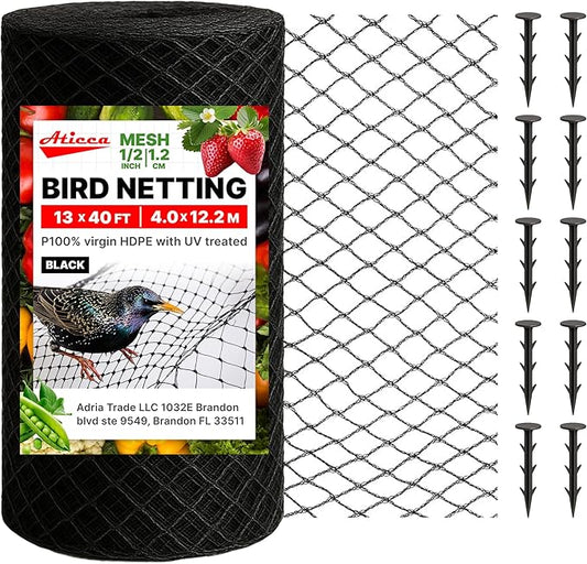 ATICCA Heavy Duty Bird Netting for Garden Protection & Fruit Trees, 13x40 Ft with 10 Stakes – Black Anti-Bird Net for Poultry, Deer, & Squirrel Protection, Durable Nylon Mesh for Garden and Yard Use