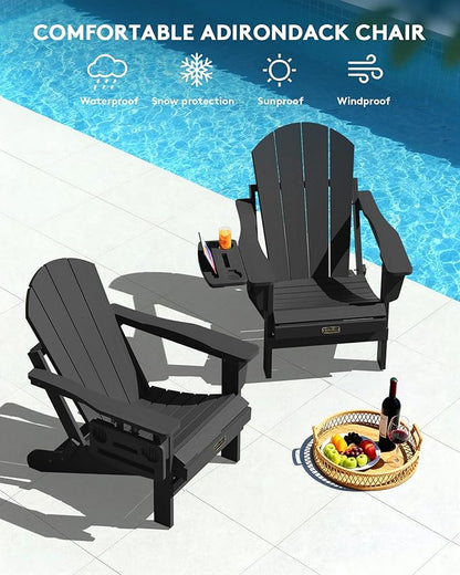 SERWALL Folding Adirondack Chair Set of 4, Outdoor Adirondack Chairs with 4 in 1 Cup Holder, Wood Texture Patio Chairs, Weather Resistant Fire Pit Chairs for Patio Deck Garden, Backyard Deck - Black