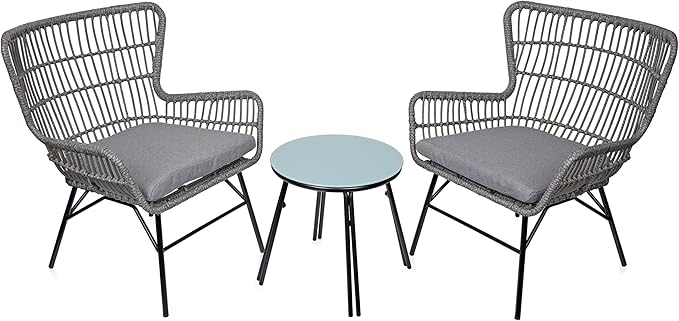 Alpine Corporation Patio Furniture 3 Pieces Outdoor Resin Wicker Conversation with Cushions Bistro Set for Patio & Deck, Gray