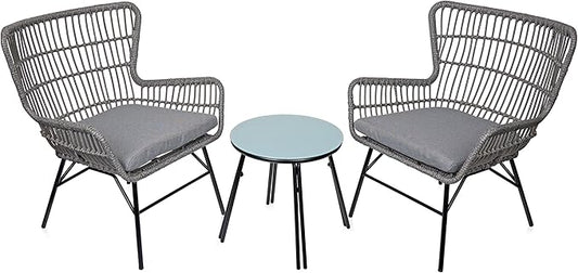 Alpine Corporation Patio Furniture 3 Pieces Outdoor Resin Wicker Conversation with Cushions Bistro Set for Patio & Deck, Gray