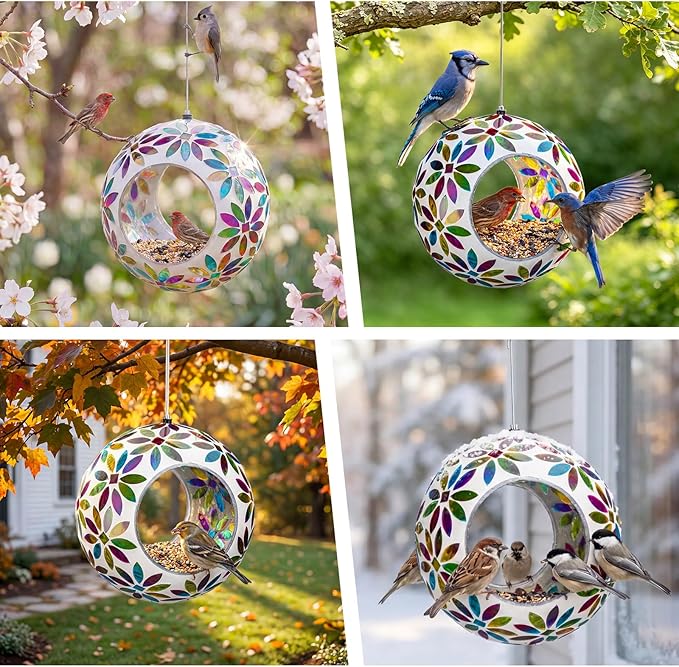 VCUTEKA Bird Feeder for Outside Hanging with Round Shape Glass Container to Attract More Wild Birds, Mosaic Fly Through for Garden, Yard, Backyard, Deck and Porch Decor, 7-Inch