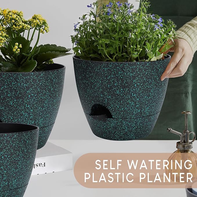 Plant Pots 10/9/8/7.5/7 inch, Self Watering Planters with Drainage Holes & Saucers for Indoor and Outdoor Plants (Green Speckles)