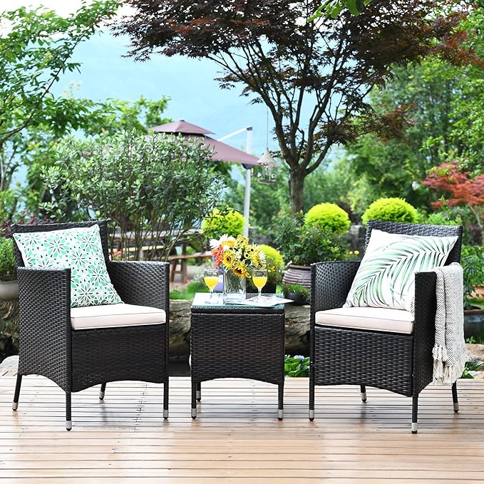 COSTWAY 3 PCS Patio Furniture Set, Outdoor Wicker Conversation Set with Tempered Glass Coffee Table, Seat Cushions, Rattan Wicker Chairs for Poolside Balcony Porch Backyard, Beige