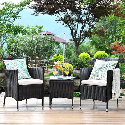 COSTWAY 3 PCS Patio Furniture Set, Outdoor Wicker Conversation Set with Tempered Glass Coffee Table, Seat Cushions, Rattan Wicker Chairs for Poolside Balcony Porch Backyard, Beige