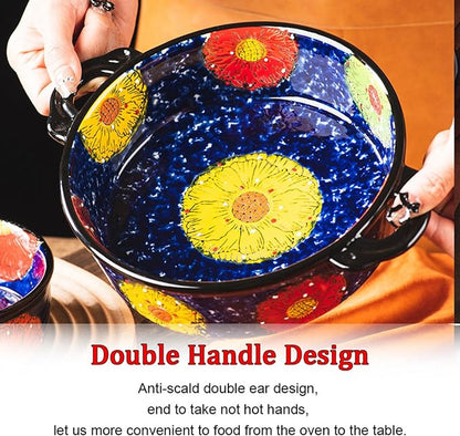 Baking Dishes For Oven, 1 Quart Round Casserole Dishes For Oven-blue and flowers-round 950ml