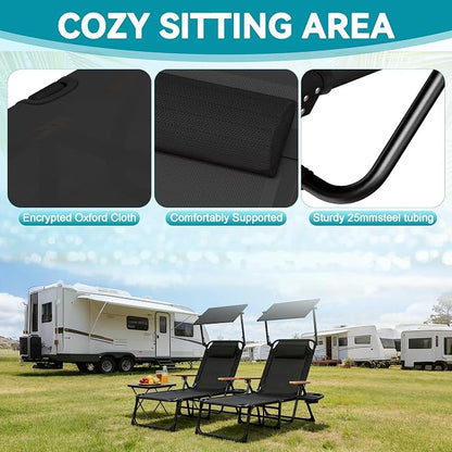 Beach Lounge Chair, Folding Outdoor Chaise Lounge Chair with Arms, 4-Position Backrest, Extended Sun Tanning Chair Pillow & Cup Holder, Patio Lounger for Outside for Beach Pool Patio Yard (Black-U)
