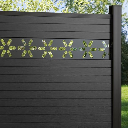 6 Feet×6 Feet Privacy Fence, Outdoor Wood Plastic Composite Fence Panel, Waterproof Security Barriers Fencing, WPC (Black, Floral (1 Panel - 2 Post))