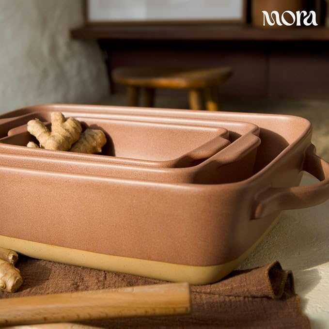 Mora Ceramic Baking Dish with Handles For Casserole, Lasagna, Gratin, Broiling, Roasting, and Baking. Large 9x13 in Pan, Extra Deep - Porcelain Serving Bakeware from Oven to Table. Freezer Safe - Teracotta