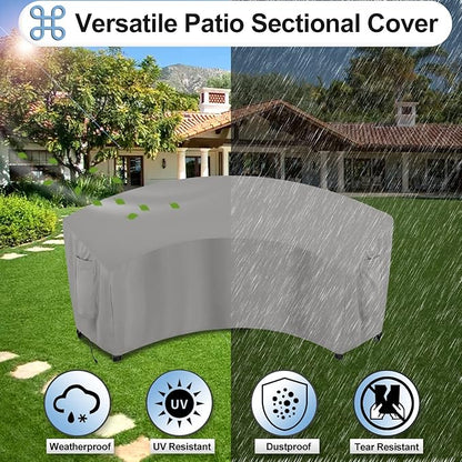 OutdoorLines Waterproof Curved Outdoor Sectional Cover - UV Resistant Windproof Patio Sectional Sofa Covers for Deck, Lawn and Backyard, Heavy Duty Furniture Covers (90Lx34Dx32Hx46FL, Grey)