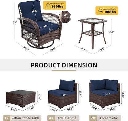 UPHA 10 Pieces Patio Furniture Sets Outdoor Sectional Sofa Wicker Conversation Couch with Bistro Swivel Chair for Decks, Backyards, Gardens, Brown Rattan, Navybule Cushion
