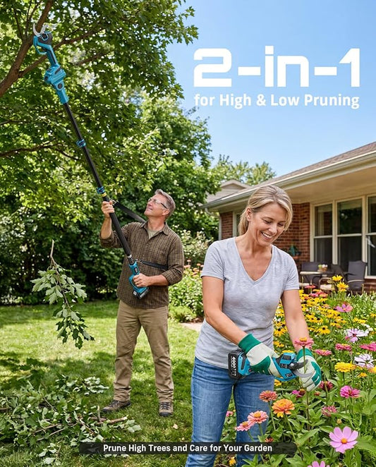 SEESII 2-in-1 Pole Pruning Shears: 2.2" Cutting Diameter Cordless Electric Pole Pruners, 2*4000mAh Batteries, Brushless Motor, Extra SK5 Blade, 4 Mode Adjustable Garden Shears for Tree Flower Trimming