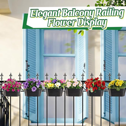 MADHOLLY Railing Planter with Drainage Holes - 6Pcs Sturdy Bucket Pots for Railing Fence, Countryside Style Metal Flower Pots for Herbs Balcony Garden Yard Decor, Black