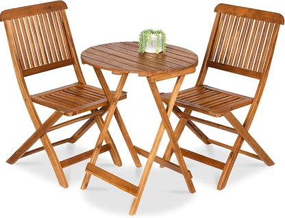 Best Choice Products 3-Piece Acacia Wood Bistro Set, Folding Patio Furniture for Backyard, Balcony, Deck w/ 2 Chairs, Round Coffee Table, Teak Finish - Natural
