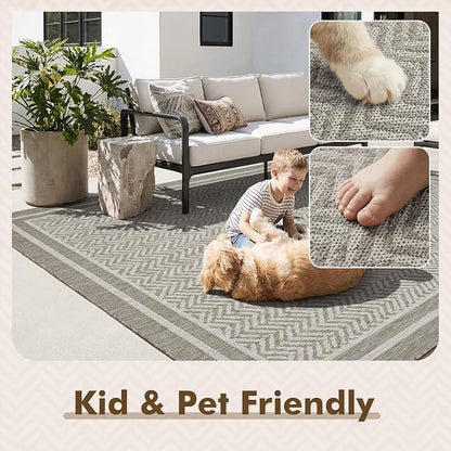 MontVoo-Outdoor Rug-Patio Rug 5x7 Polypropylene Indoor Outdoor Rugs Outdoor Carpet for Patio Deck Balcony Porch, Textured Weave, Durable for High Traffic, Fade-Resistant, Boho Farmhouse Silver Grey