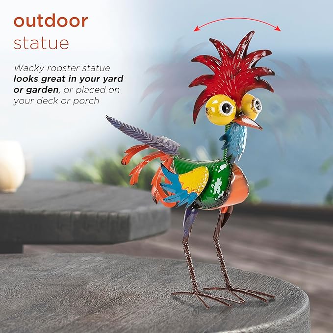 Alpine Corporation | 18" Tall Wacky Metal Rooster Yard Statue – Colorful Indoor/Outdoor Farm Animal Décor for Garden, Patio, Lawn, or Porch