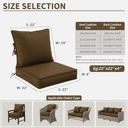 Premium Outdoor Seat Cushion Chair Cushions for Patio Furniture 22 L X 22 W X 4 H Waterproof & Fade Resistant Deep Seat and Backrest Cushion Set with Removable Covers for Chair, Sofa