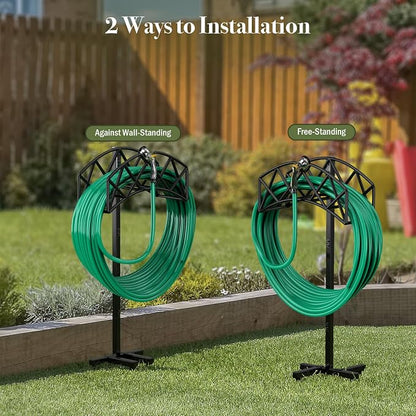 Winpull Garden Hose Holder Detachable Heavy Duty Metal Water Hose Hanger, Freestanding Hose Storage Stand Rack for Outside (Black)