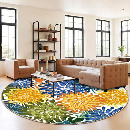 ZonLi Colorful Outdoor Rug 6x6Ft Waterproof Multicolored Indoor Area Rug Washable Outdoor Patio Rugs Tropical Floral Non Slip Outdoor Carpet for Living Room, Pool,Backyard,Deck,Camping