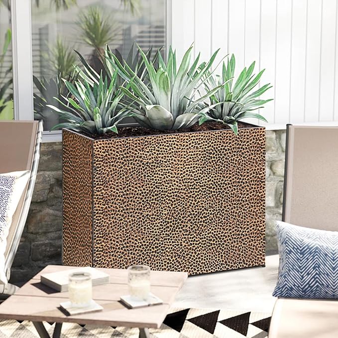 Tall Planters for Outdoor Plants - Hand-Hammered Metal Large Rectangular Block Planter Box with Drainage Holes, Modern Planters Indoor Outdoor Flower Plant Pots Patio Yard Front Porch Deck,32x12x24"