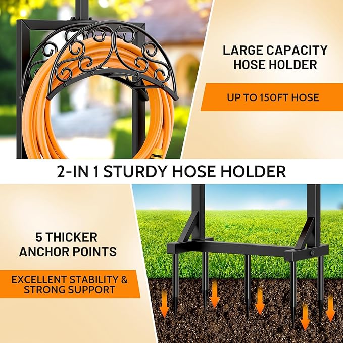 Garden Hose Holder for Outside & Garden Hose Splitter, Upgraded Water Hose Holders with 5 Spikes & 2 Shepherds Hooks, Brass 3 Way Hose Splitter Heavy Duty With Extension Handle