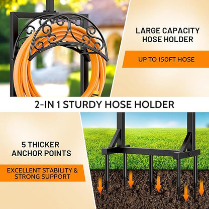 Garden Hose Holder for Outside & Garden Hose Splitter, Upgraded Water Hose Holders with 5 Spikes & 2 Shepherds Hooks, Brass 3 Way Hose Splitter Heavy Duty With Extension Handle