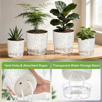 6 Pack Self Watering Pots for Indoor Plants, 4+5.5+6.3 Inch Self Watering Plant Pots Set, Flower Pots with Wick Rope and Reservoir for African Violet, Spider Plant, Orchid - Crack Texture