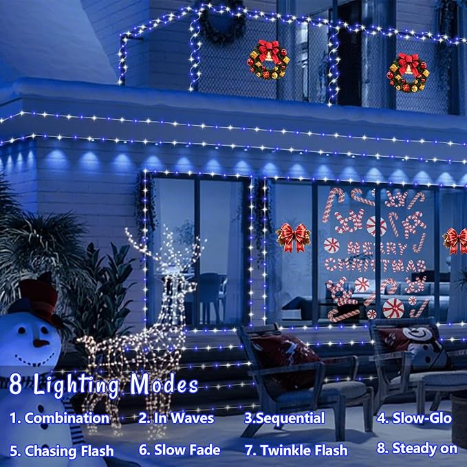 YEGUO Solar Christmas Lights Outdoor Waterproof, 2 Packs Each 33ft 100 LED Rope Lights, 8 Modes Fairy String Lights in Clear Thin Tube for Camping Fence Patio Garden Trampoline Deck(Blue and White)