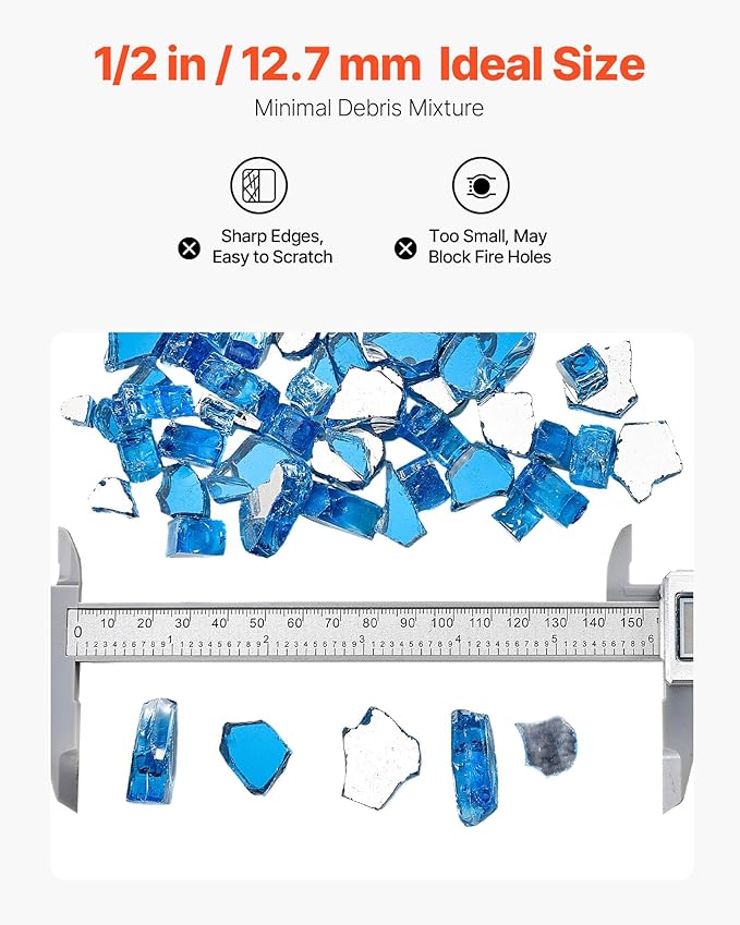 VEVOR Fire Glass, 10LBS / 4.5KG High-Temperature Resistant Fireplace Rocks, 1/2-Inch / 12.7 mm Reflective & Smokeless Firepit Glass Rock, High Luster Stone Landscaping for Fire Pit Table, Pacific Blue