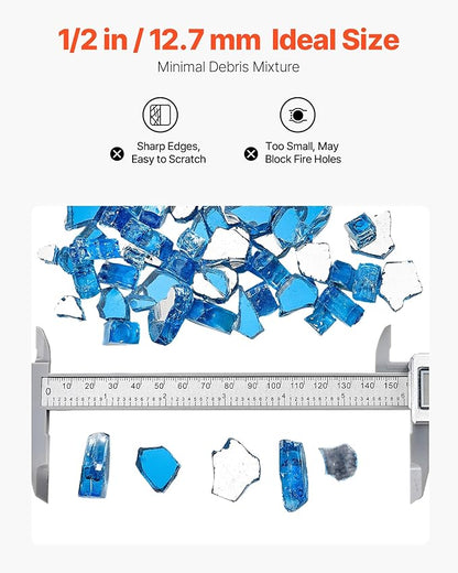 VEVOR Fire Glass, 10LBS / 4.5KG High-Temperature Resistant Fireplace Rocks, 1/2-Inch / 12.7 mm Reflective & Smokeless Firepit Glass Rock, High Luster Stone Landscaping for Fire Pit Table, Pacific Blue