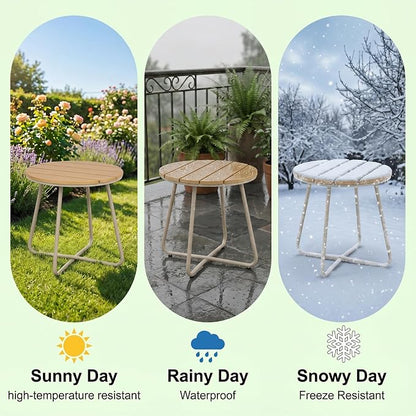 danpinera Outdoor Side Tables, HDPS Patio Table with Metal Legs, 18 Inch Outdoor Small Round Table for Garden, Backyard, Porch, Deck, Balcony, Poolside, Natural