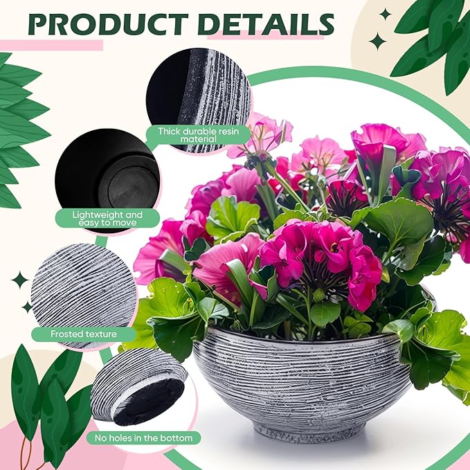 2 Pcs 13.8 Inch Lotus Bowl Planter Large Water Lily Pots Succulent Hydroponic Bowl Pot Flower Planting Pot for Outdoor Indoor Plant Mini Fish Pond No Drainage Hole(Gray)