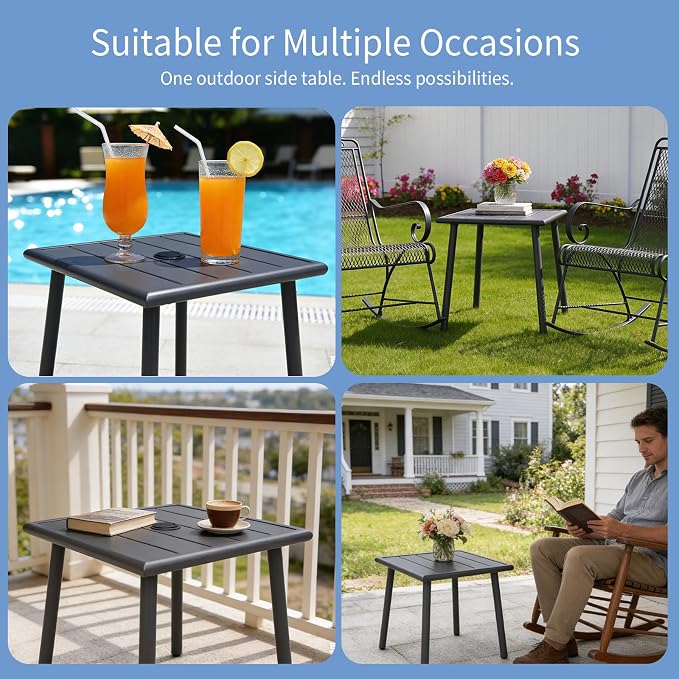 Small Metal Outdoor Side Table with Umbrella Hole, Sqaure Patio Coffee Bistro Table End Table, Umbrella Table with Hole for Poolside Backyard Porch Deck Balcony,19.7x19.7 inches, Black