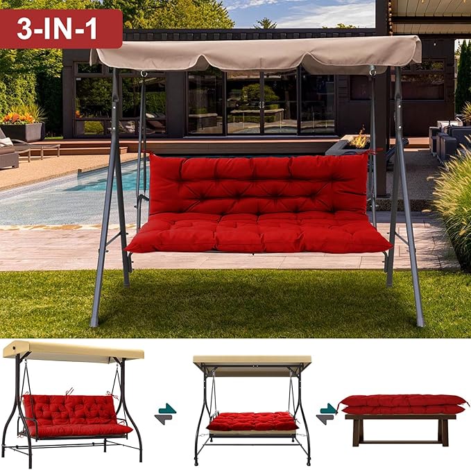 Outdoor Swing Cushions 3 Seater Waterproof, Replacement Bench Cushions for Outdoor Patio Furniture with Backrest, Porch Swing Cushion with Ties for Lawn and Garden (Red, 40x71in)