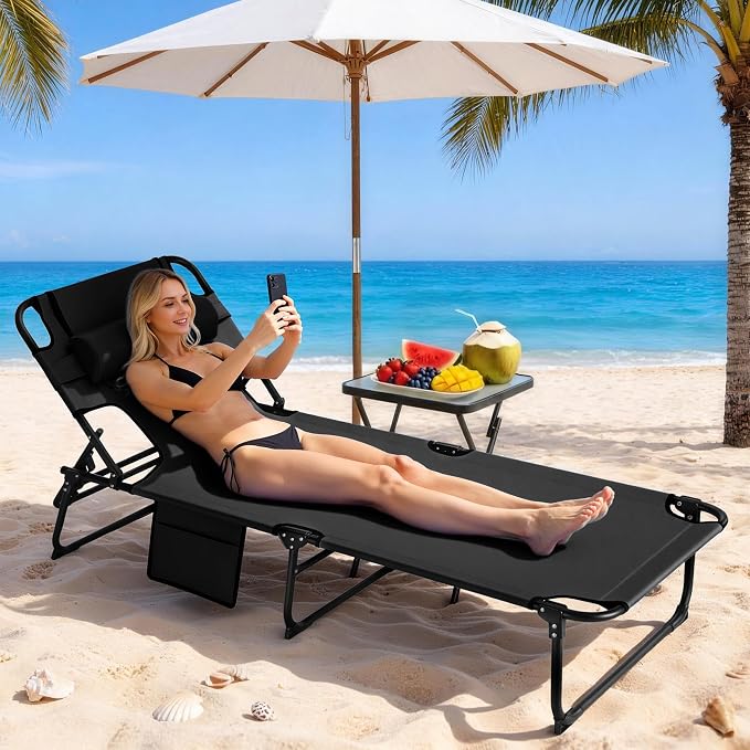 3-in-1 Sun Tanning Chair with Face Holes, Folding Chaise Lounge Chairs, 5-Position Adjustable Lounge Chair Outdoor with 2 Side Pocket & Pillow, for Pool Beach, Patio, Camping, Black