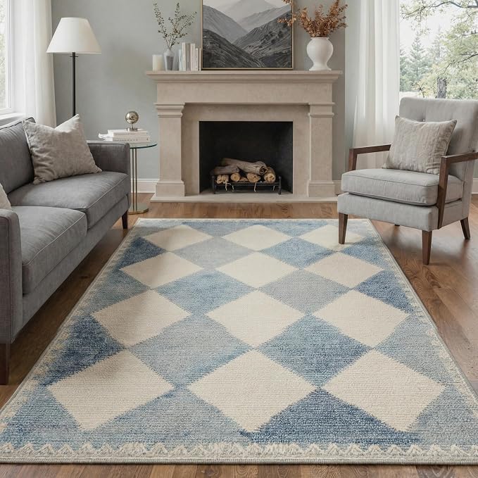 GENIMO Outdoor & Indoor Area Rug 5'x7', Waterproof, Non-Shedding, Easy Cleaning, Diamond Check Mat for Patio, Entryway, Porch, Living Room, Bedroom, Outside Carpet, Dusty Blue