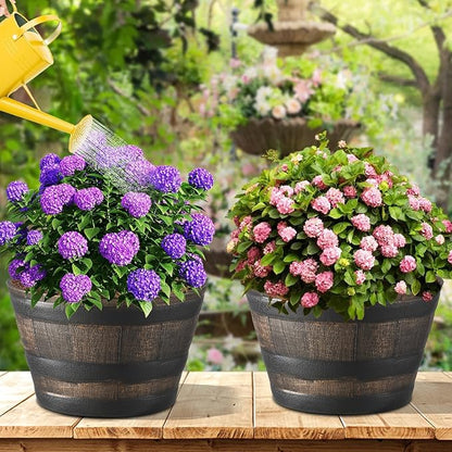 YI 4 Pack Whiskey Barrel Garden Planters 13” Rustic Oak Resin Planter for Indoor & Outdoor Plant Flower Pot
