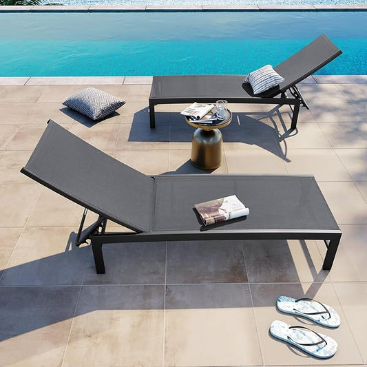 Crestlive Products Chaise Lounge Chair Outdoor Set of 2, Adjustable 5 Positions Pool Lounge Chairs, Metal Tanning Recliner, Outdoor Furniture All Weather for Patio, Beach, Yard, Pool
