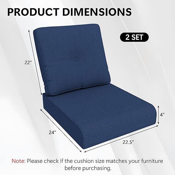 Outdoor Chair Cushions Set for Patio Furniture, 22x25/22x24 Inch, Waterproof & Fade Resistant Patio Chair Cushions, Thick Patio Furniture Cushion for Chair, Sofa, and Couch (Blue, 2 Set)