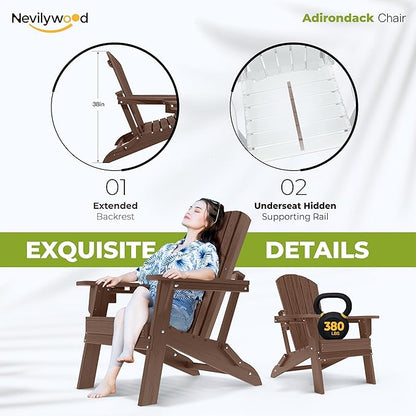 nevilywood Folding Adirondack Chair with Cup Holder Set of 4, HDPE Patio Chairs,All-Weather Outdoor Chairs for Backyard, Deck,Fire Pit-Coffee