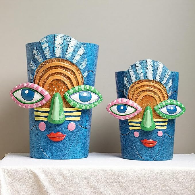 Picasso Abstract Face Flower Pot,Plant Pot with Facial Expressions,Handmade Resin Plant Pot with Drainage Holes,for Indoor and Outdoor Botanical Home décor (Blue Small)